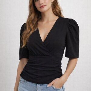 INC Women's V-Neck, Ruched Puff Sleeve Blouse . Pet/med.